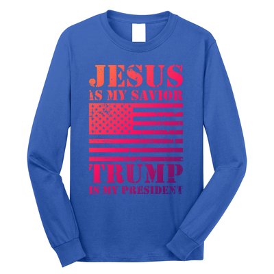 American Flag Jesus Is My Savior Trump Is My President Gift Long Sleeve Shirt