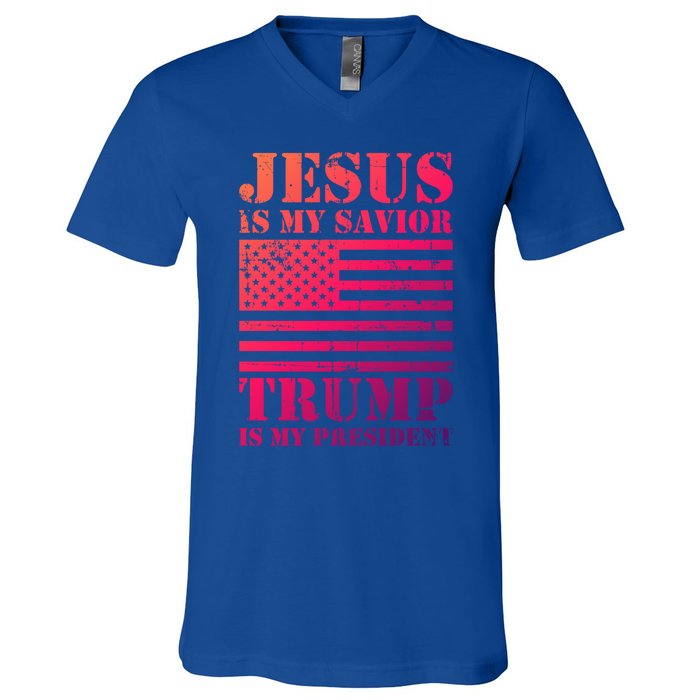 American Flag Jesus Is My Savior Trump Is My President Gift V-Neck T-Shirt