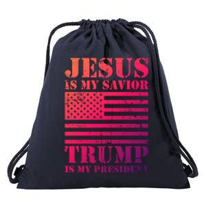 American Flag Jesus Is My Savior Trump Is My President Gift Drawstring Bag