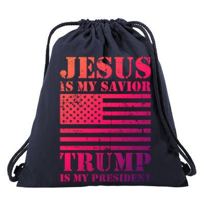 American Flag Jesus Is My Savior Trump Is My President Gift Drawstring Bag