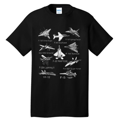 American Fighters Jets F22 Raptor F14 Tomcat Plane Spotting Tall T-Shirt