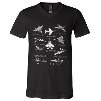 American Fighters Jets F22 Raptor F14 Tomcat Plane Spotting V-Neck T-Shirt