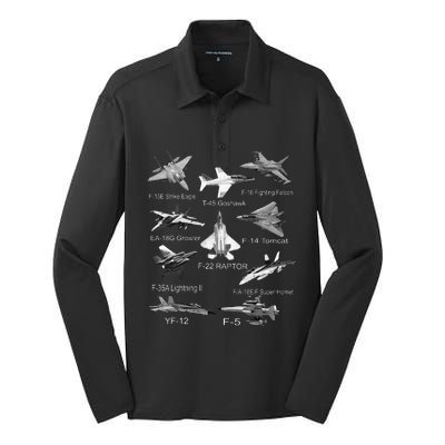 American Fighters Jets F22 Raptor F14 Tomcat Plane Spotting Silk Touch Performance Long Sleeve Polo