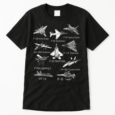 American Fighters Jets F22 Raptor F14 Tomcat Plane Spotting Tall T-Shirt