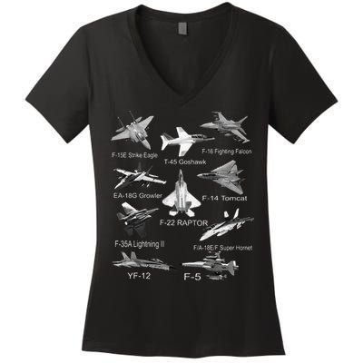 American Fighters Jets F22 Raptor F14 Tomcat Plane Spotting Women's V-Neck T-Shirt