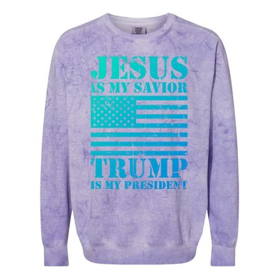 American Flag Jesus Is My Savior Trump Is My President Gift Colorblast Crewneck Sweatshirt