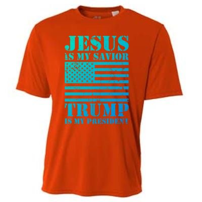 American Flag Jesus Is My Savior Trump Is My President Gift Cooling Performance Crew T-Shirt