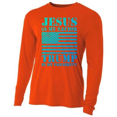 American Flag Jesus Is My Savior Trump Is My President Gift Cooling Performance Long Sleeve Crew