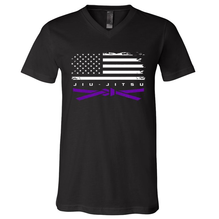 American Flag Jiu Jitsu Apparel Purple Belt Jiu Jitsu V-Neck T-Shirt