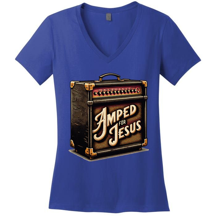 Amped for Jesus Christian Worship Music Praise and Faith Women's V-Neck T-Shirt