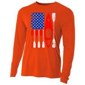 American Flag Kayak Paddle Kayaking 4th Of July Dad Papa Gift Cooling Performance Long Sleeve Crew