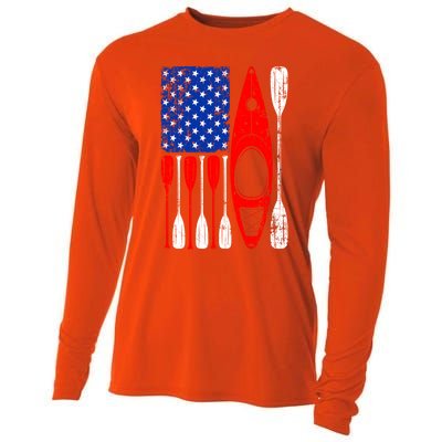 American Flag Kayak Paddle Kayaking 4th Of July Dad Papa Gift Cooling Performance Long Sleeve Crew