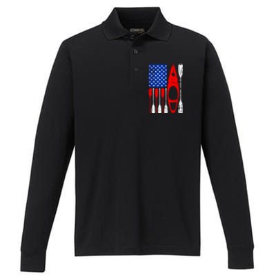 American Flag Kayak Paddle Kayaking 4th Of July Dad Papa Gift Performance Long Sleeve Polo