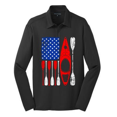 American Flag Kayak Paddle Kayaking 4th Of July Dad Papa Gift Silk Touch Performance Long Sleeve Polo