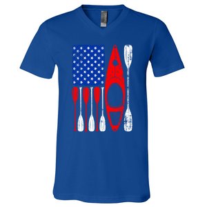 American Flag Kayak Paddle Kayaking 4th Of July Dad Papa Gift V-Neck T-Shirt