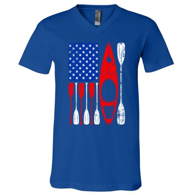 American Flag Kayak Paddle Kayaking 4th Of July Dad Papa Gift V-Neck T-Shirt