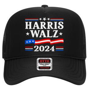 American Flag Kamala Harris Tim Waltz 2024 Gift High Crown Mesh Back Trucker Hat