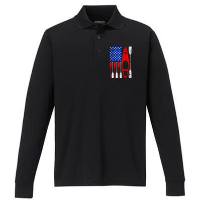 American Flag Kayak Paddle Kayaking 4th Of July Dad Papa Meaningful Gift Performance Long Sleeve Polo