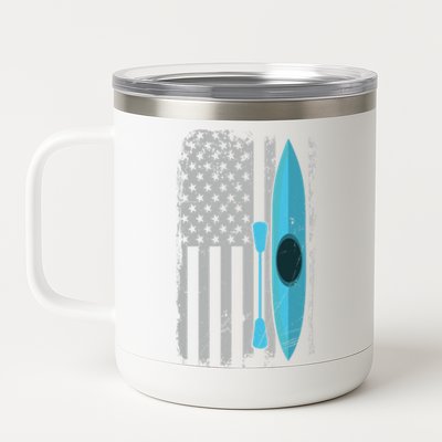 American Flag Kayak Gift Distressed Patriotic Kayaker Gift 12 oz Stainless Steel Tumbler Cup