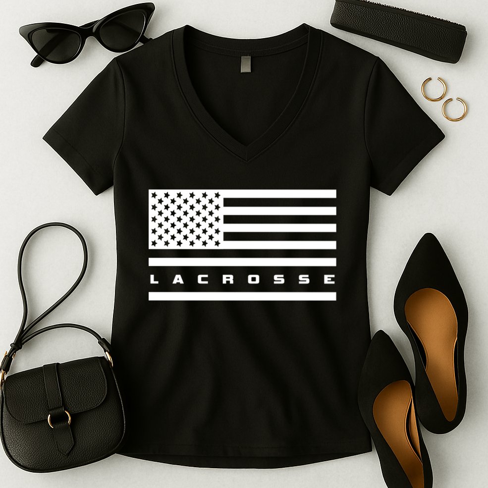 American Flag Lacrosse Apparel Gift Lacrosse Gift Women's V-Neck T-Shirt