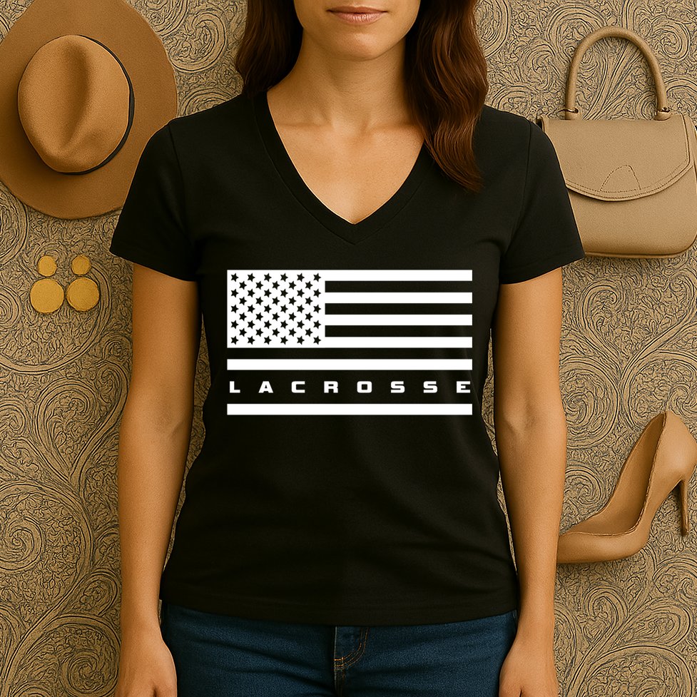 American Flag Lacrosse Apparel Gift Lacrosse Gift Women's V-Neck T-Shirt
