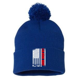 American Flag Labor Day Gift Pom Pom 12in Knit Beanie