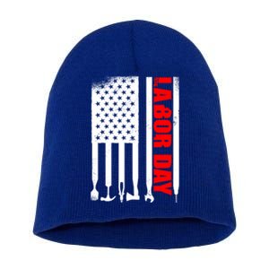 American Flag Labor Day Gift Short Acrylic Beanie