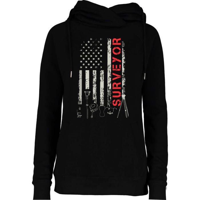 American Flag Land Surveyor Surveying Puns Engineer Womens Funnel Neck Pullover Hood