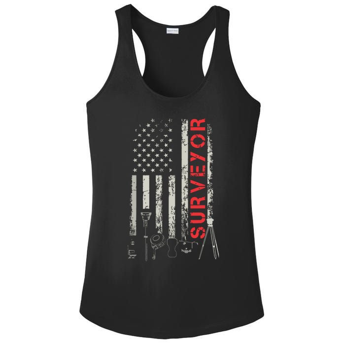 American Flag Land Surveyor Surveying Puns Engineer Ladies PosiCharge Competitor Racerback Tank