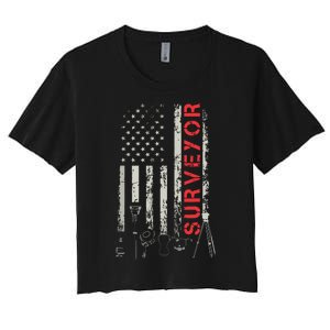 American Flag Land Surveyor Surveying Puns Engineer Women's Crop Top Tee