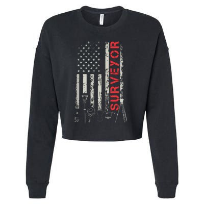 American Flag Land Surveyor Surveying Puns Engineer Cropped Pullover Crew