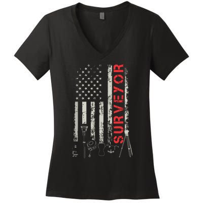 American Flag Land Surveyor Surveying Puns Engineer Women's V-Neck T-Shirt