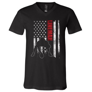 American Football Lineman Offensive Playerl Us Flag V-Neck T-Shirt