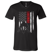 American Football Lineman Offensive Playerl Us Flag V-Neck T-Shirt