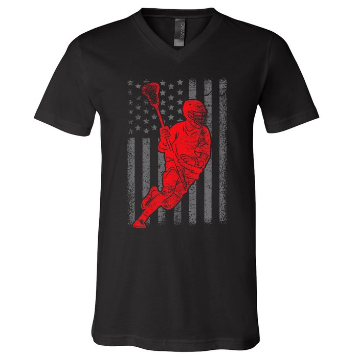 American Flag Lacrosse Usa Sport V-Neck T-Shirt