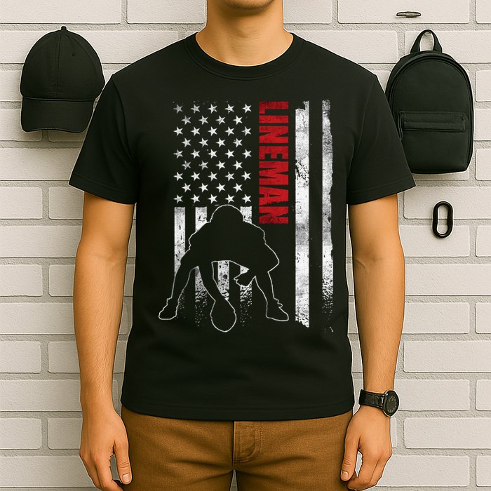 American Football Lineman Offensive Player Apparel Us Flag T-Shirt