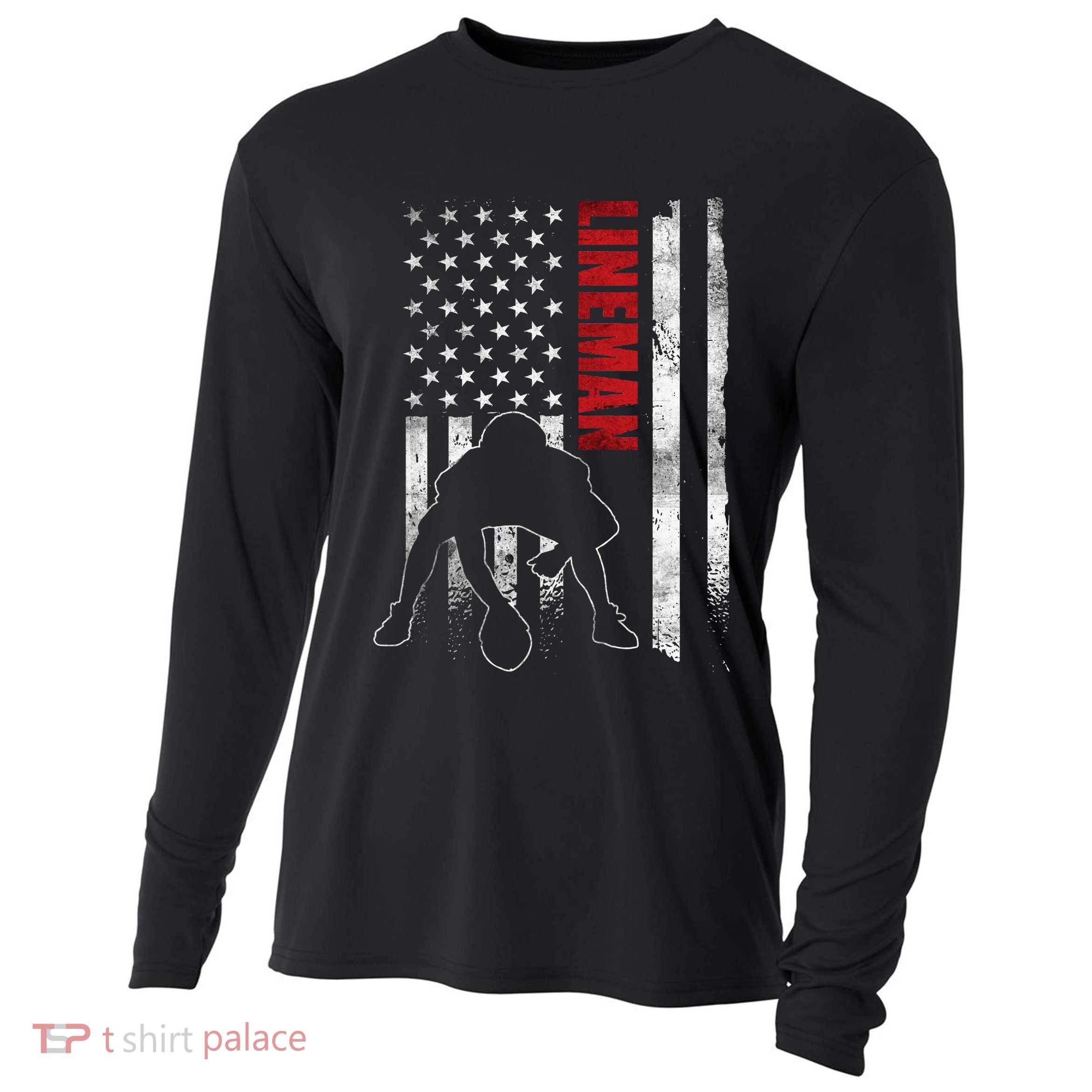 American Football Lineman Offensive Player Apparel Us Flag Cooling Performance Long Sleeve Crew