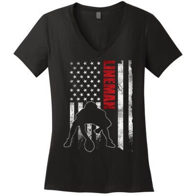 American Football Lineman Offensive Player Apparel Us Flag Women's V-Neck T-Shirt