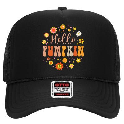 Autumn Fall Lover Pumpkin Groovy Thanksgiving High Crown Mesh Back Trucker Hat