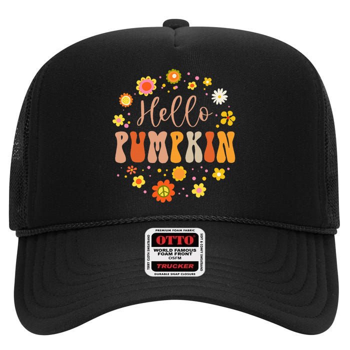 Autumn Fall Lover Pumpkin Groovy Thanksgiving High Crown Mesh Back Trucker Hat