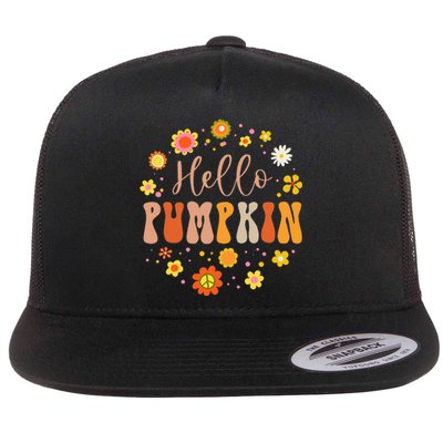 Autumn Fall Lover Pumpkin Groovy Thanksgiving Flat Bill Trucker Hat