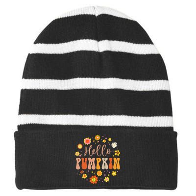 Autumn Fall Lover Pumpkin Groovy Thanksgiving Striped Beanie with Solid Band