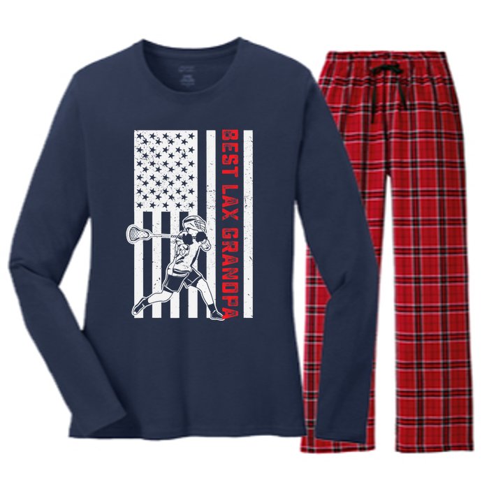 American Flag Lacrosse Grandpa LAX Player Team Sports Lover Women's Long Sleeve Flannel Pajama Set 