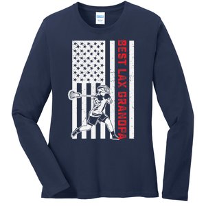 American Flag Lacrosse Grandpa LAX Player Team Sports Lover Ladies Long Sleeve Shirt