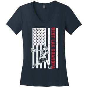 American Flag Lacrosse Grandpa LAX Player Team Sports Lover Women's V-Neck T-Shirt