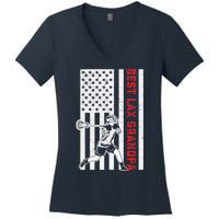 American Flag Lacrosse Grandpa LAX Player Team Sports Lover Women's V-Neck T-Shirt