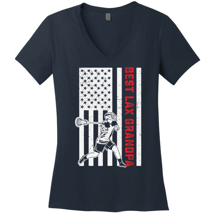 American Flag Lacrosse Grandpa LAX Player Team Sports Lover Women's V-Neck T-Shirt