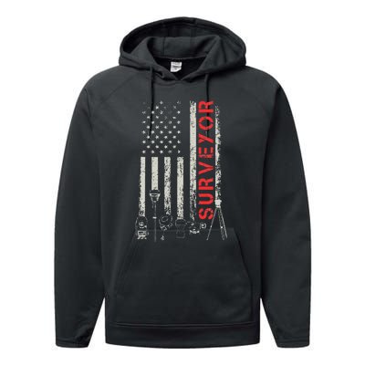 American flag land Surveyor surveying puns engineer Performance Fleece Hoodie