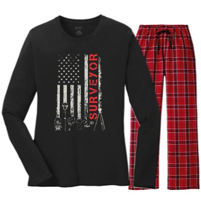 American flag land Surveyor surveying puns engineer Women's Long Sleeve Flannel Pajama Set 