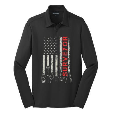 American flag land Surveyor surveying puns engineer Silk Touch Performance Long Sleeve Polo